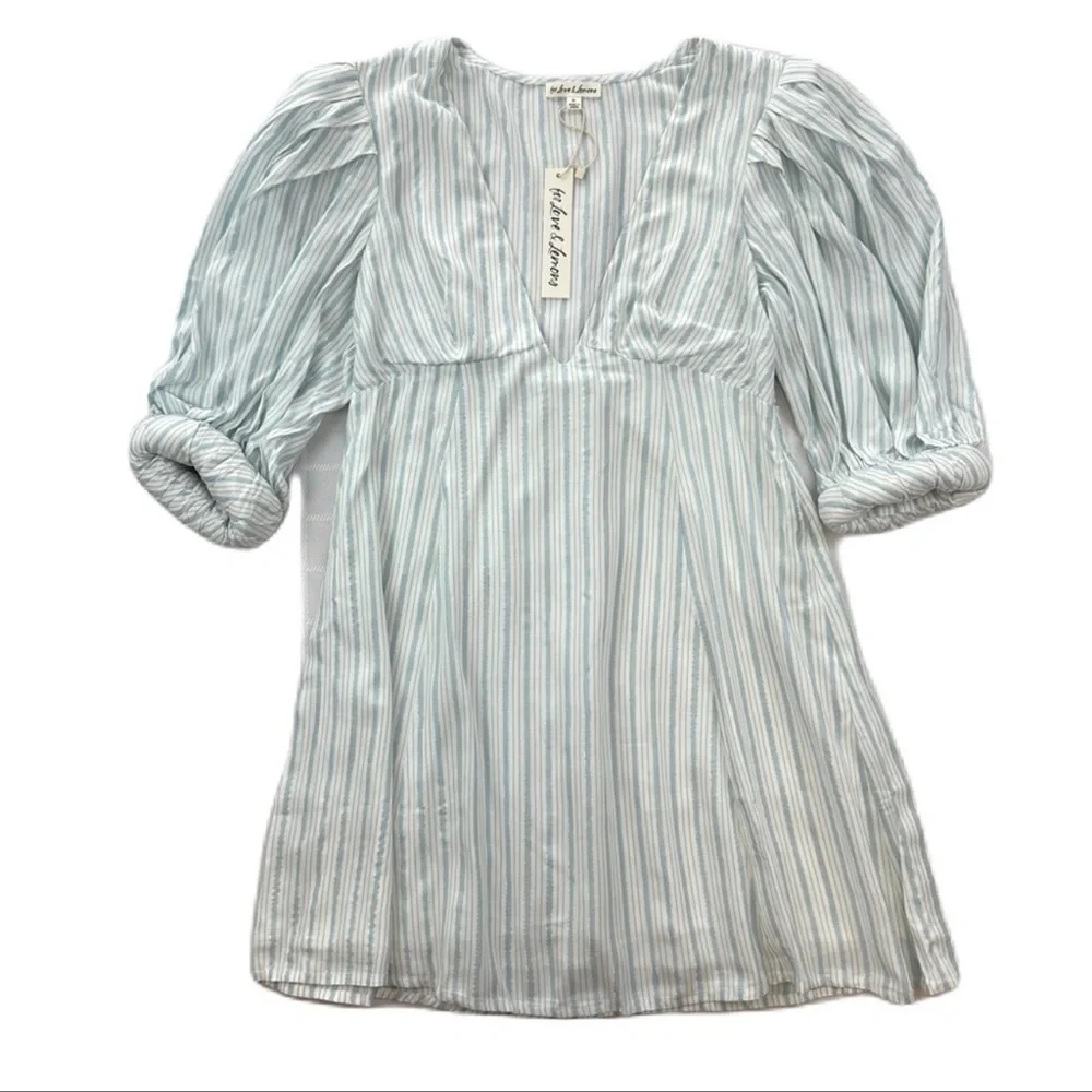NWT For Love and Lemons Leslie Mini Dress Light Blue Size XS Metallic Stripe - Picture 5 of 10